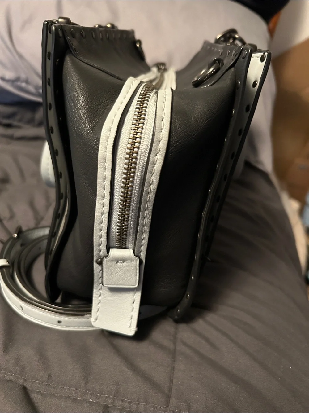 Coach Dreamer 27 Black, Light Gray, and Baby Blue Studded Leather Satchel - Picture 3 of 13